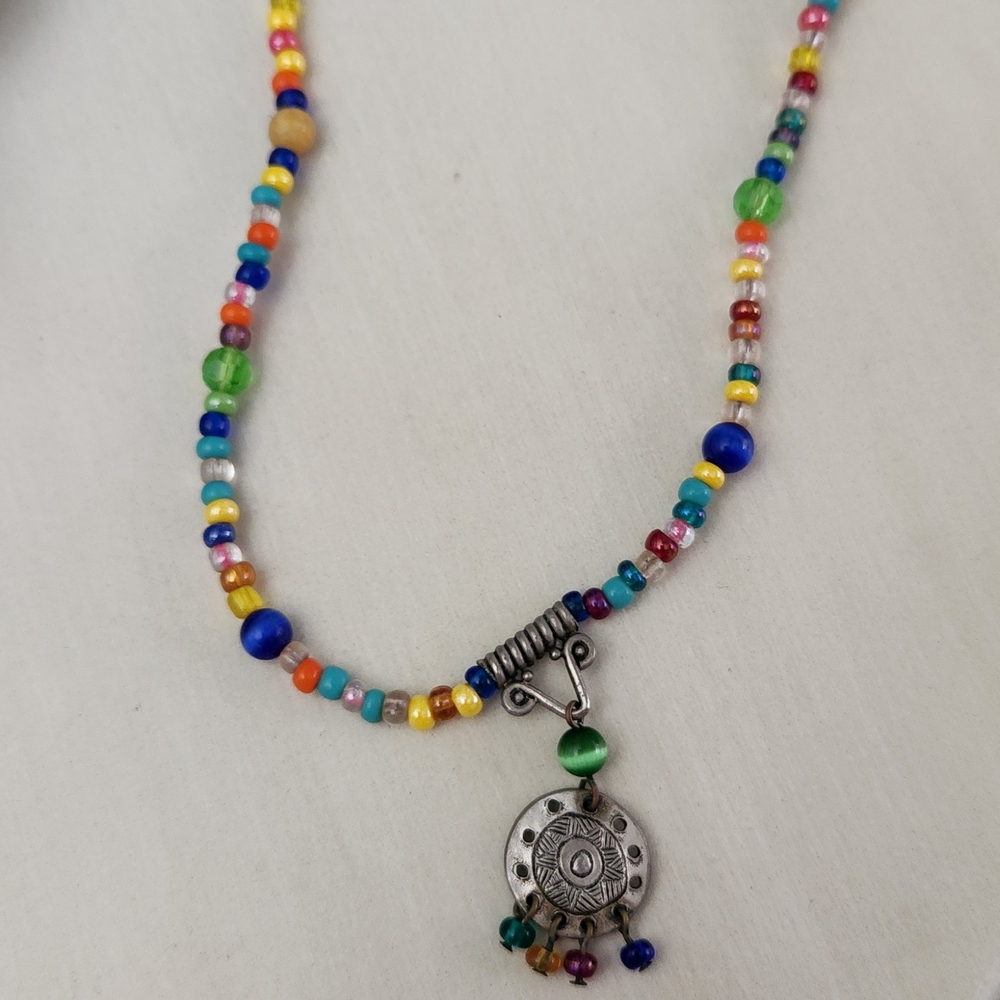 Colorful Beaded Necklace with Sterling Silver 14" Pendant